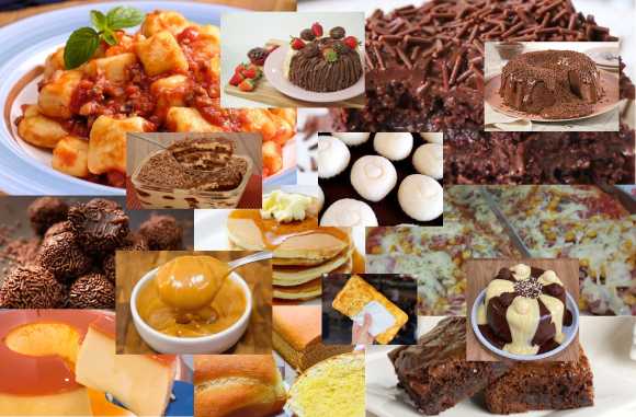 [Imagem de vários pratos deliciosos e saudáveis, como pizza, bolo e pães]